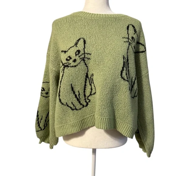 Green Cat Print Sweater - Picture 2 of 3